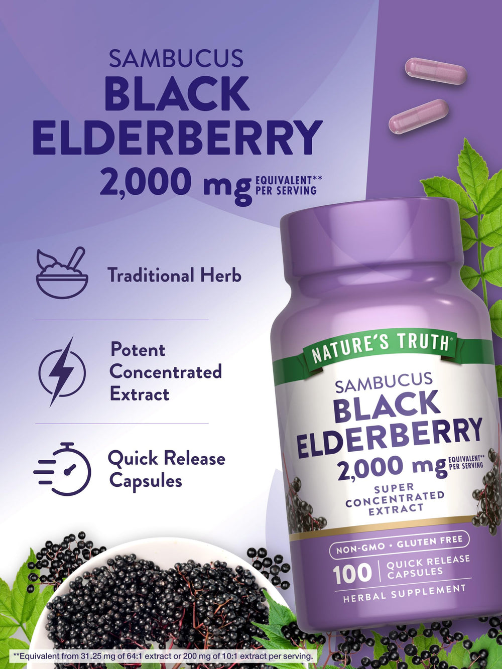 Non-GMO badge on Nature's Truth elderberry capsules packaging.