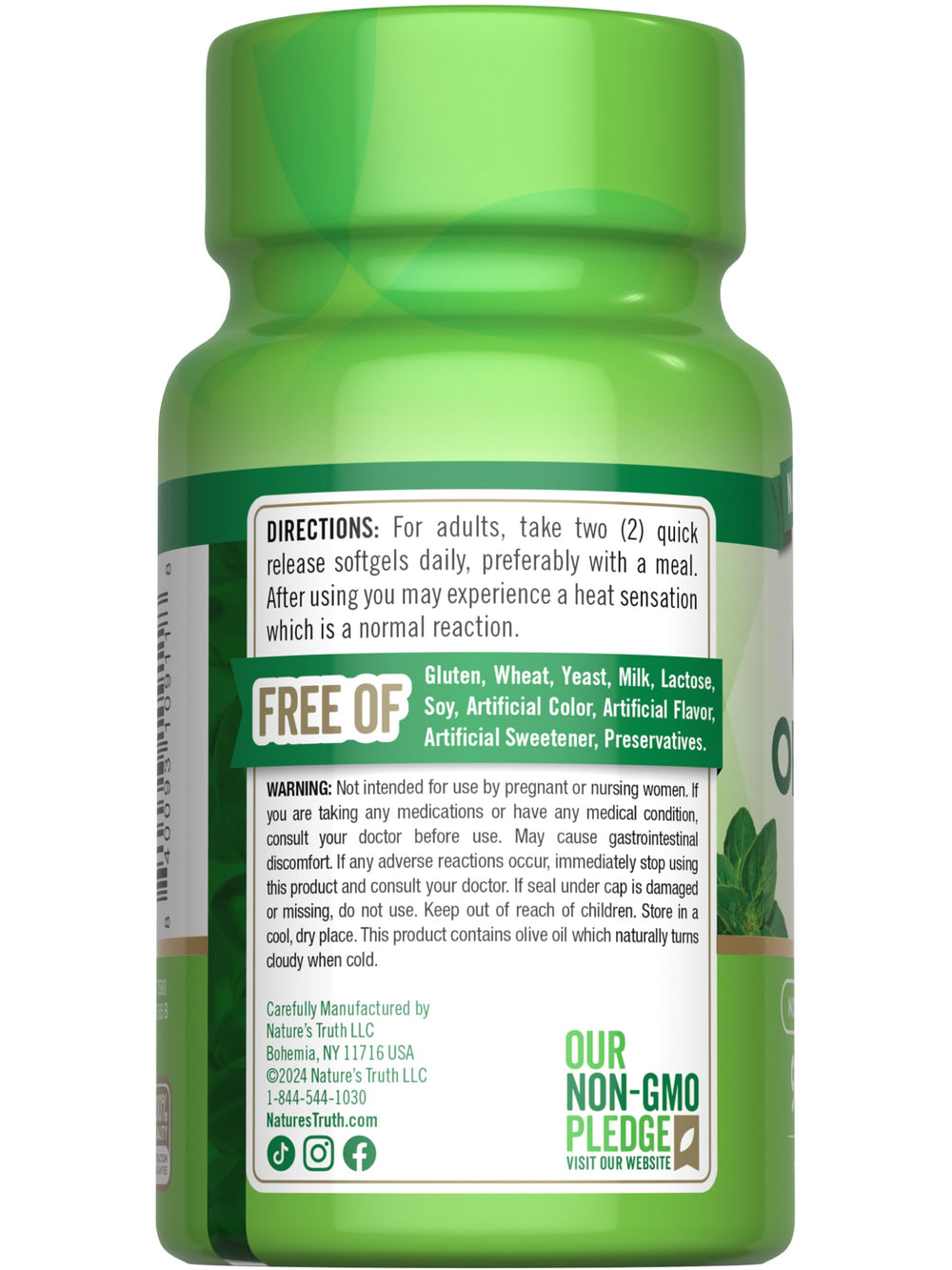 Shelf-ready Nature's Truth oregano oil softgels box and bottle
