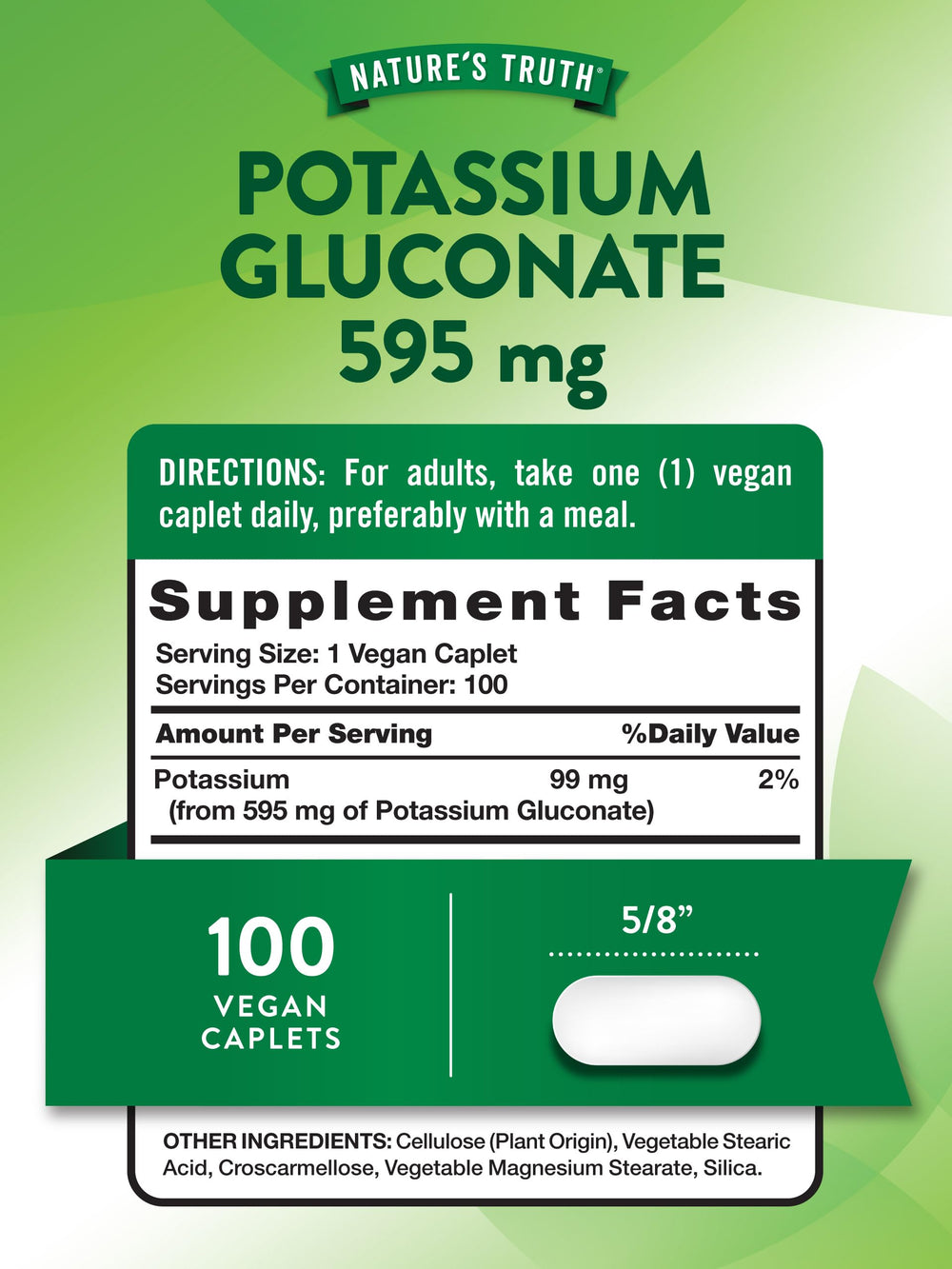 Close-up of the potassium gluconate 595mg ingredient panel