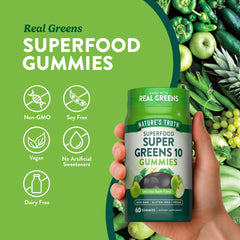 Nature's Truth collage of spinach, barley grass and chlorella showing real greens
