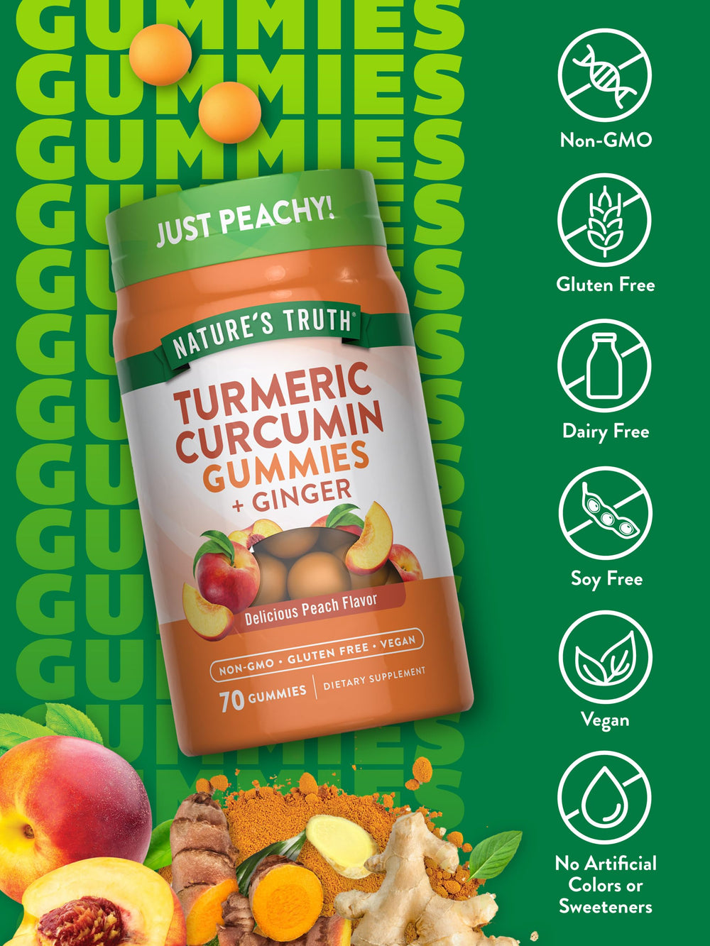 Gummies label highlighting vegan, non-GMO, gluten-free claims
