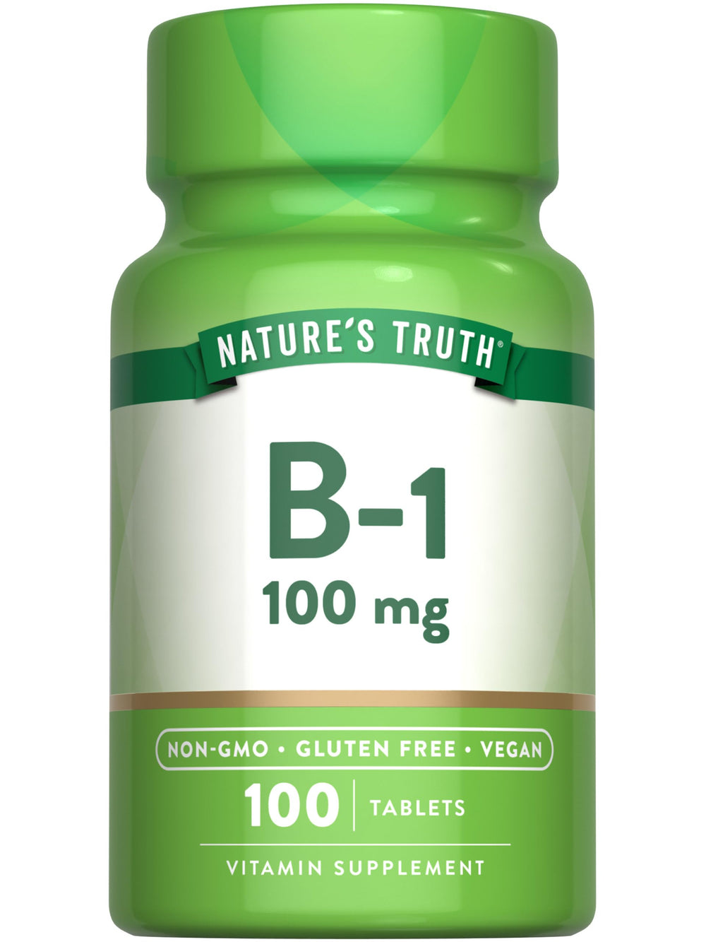 Close-up of Nature's Truth Vitamin B1 100mg Thiamine tablet