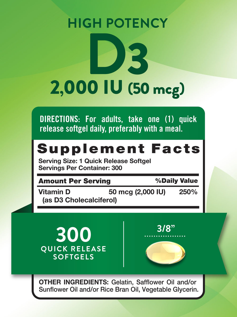 Back label showing supplement facts on Nature's Truth Vitamin D3 bottle