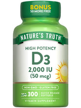 Front view of Nature's Truth Vitamin D3 2000 IU bottle with 300 softgels