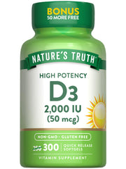 Front view of Nature's Truth Vitamin D3 2000 IU bottle with 300 softgels
