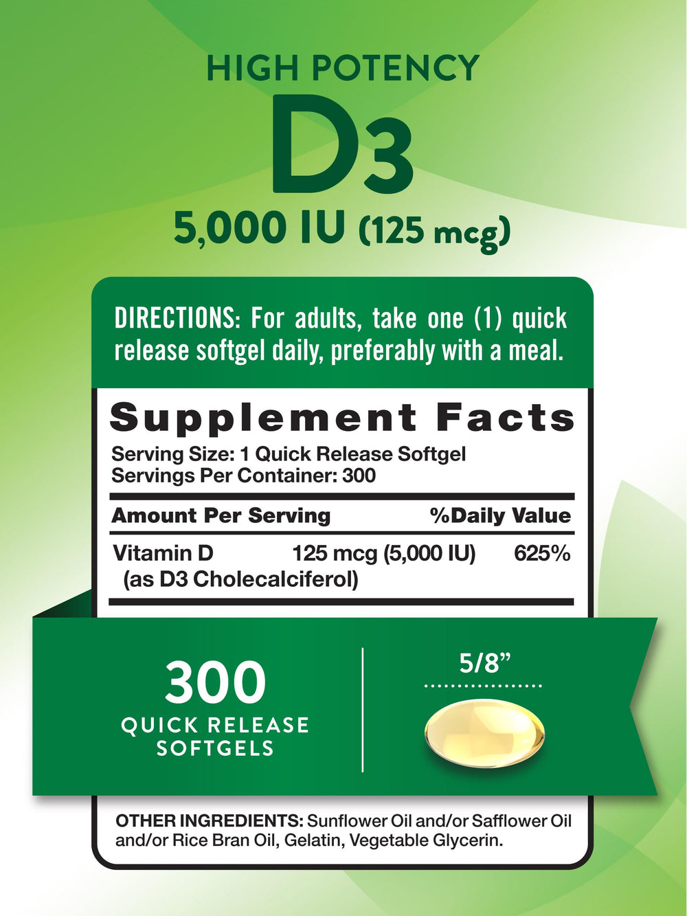 Close-up of bottle label showing 5000 IU / 125 mcg vitamin D3
