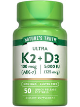 Nature's Truth Vitamin K2 MK7 Complex bottle with 100 mcg D3 softgels - front