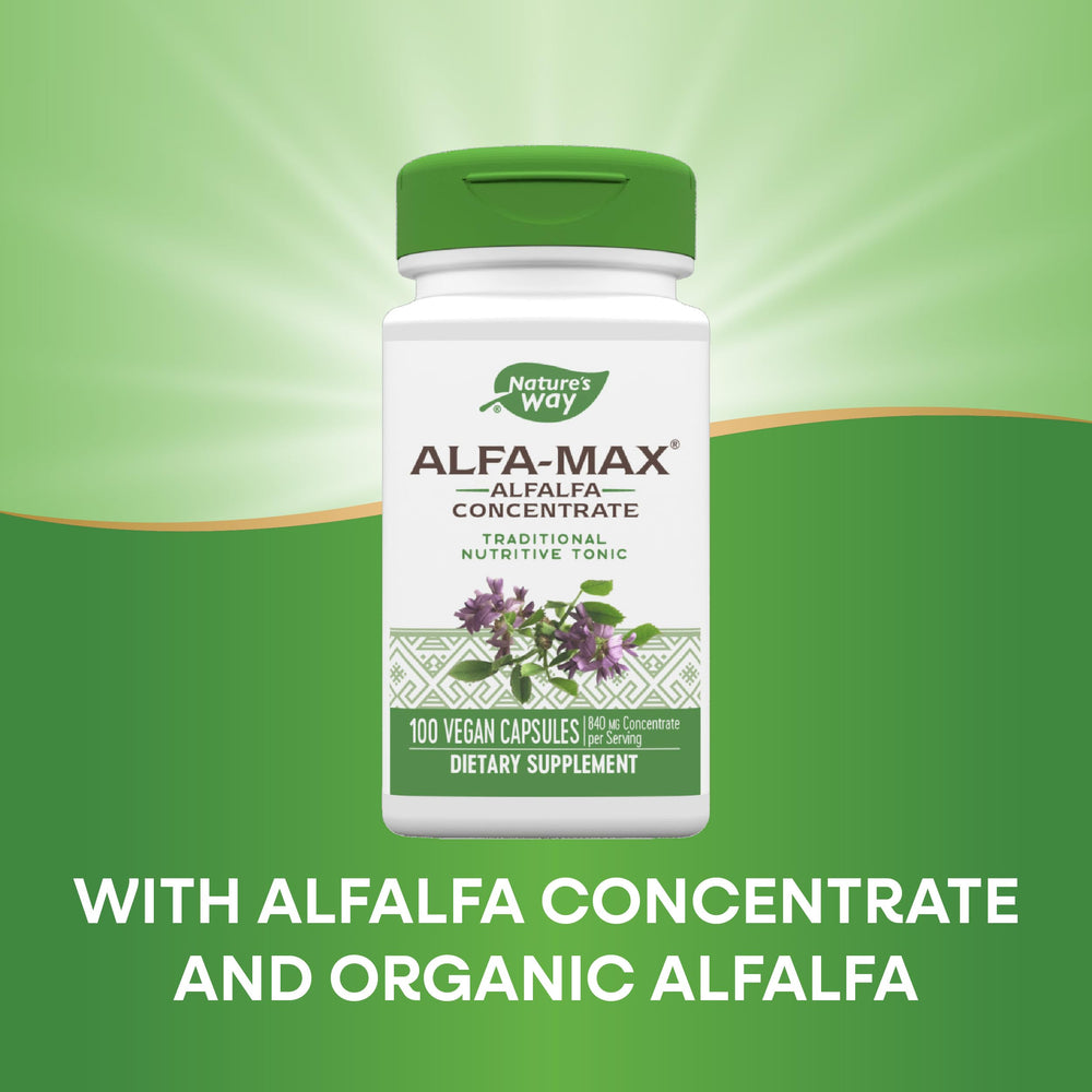 Nature's Way Alfa-Max bottle showing 100 capsules
