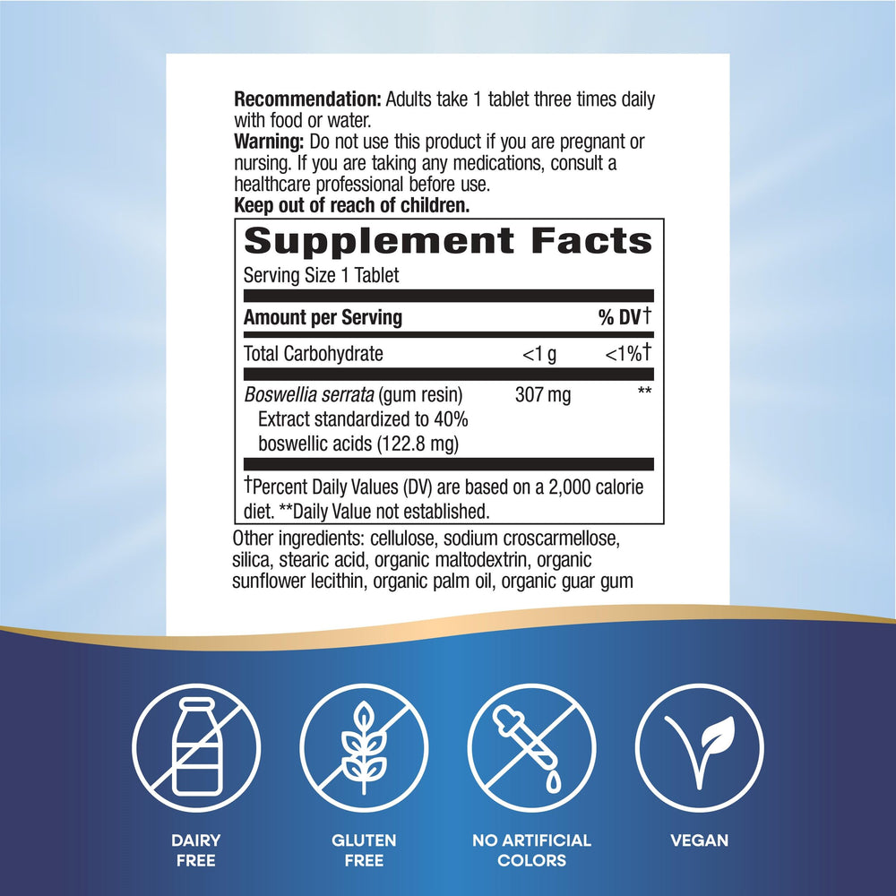 Nature's Way Boswellia Premium Extract bottle back with supplement details