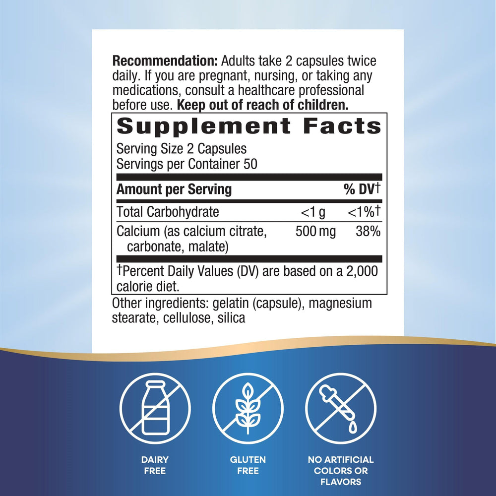 Back label showing supplement facts for Nature's Way calcium blend