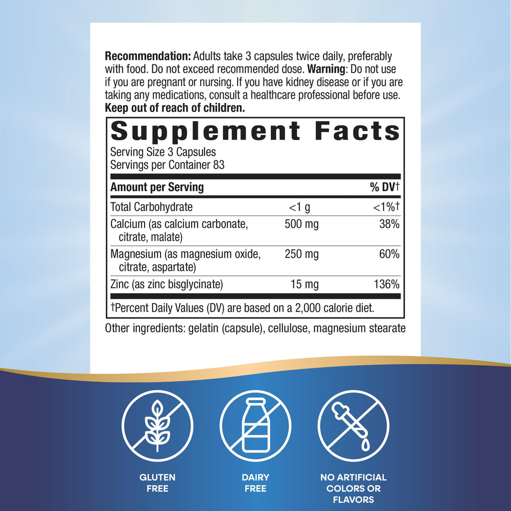 Gluten-free label on Nature's Way Calcium Magnesium & Zinc Mineral Complex packaging