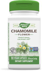 Front view of Nature's Way Chamomile Flower 700 mg 2-capsule serving bottle