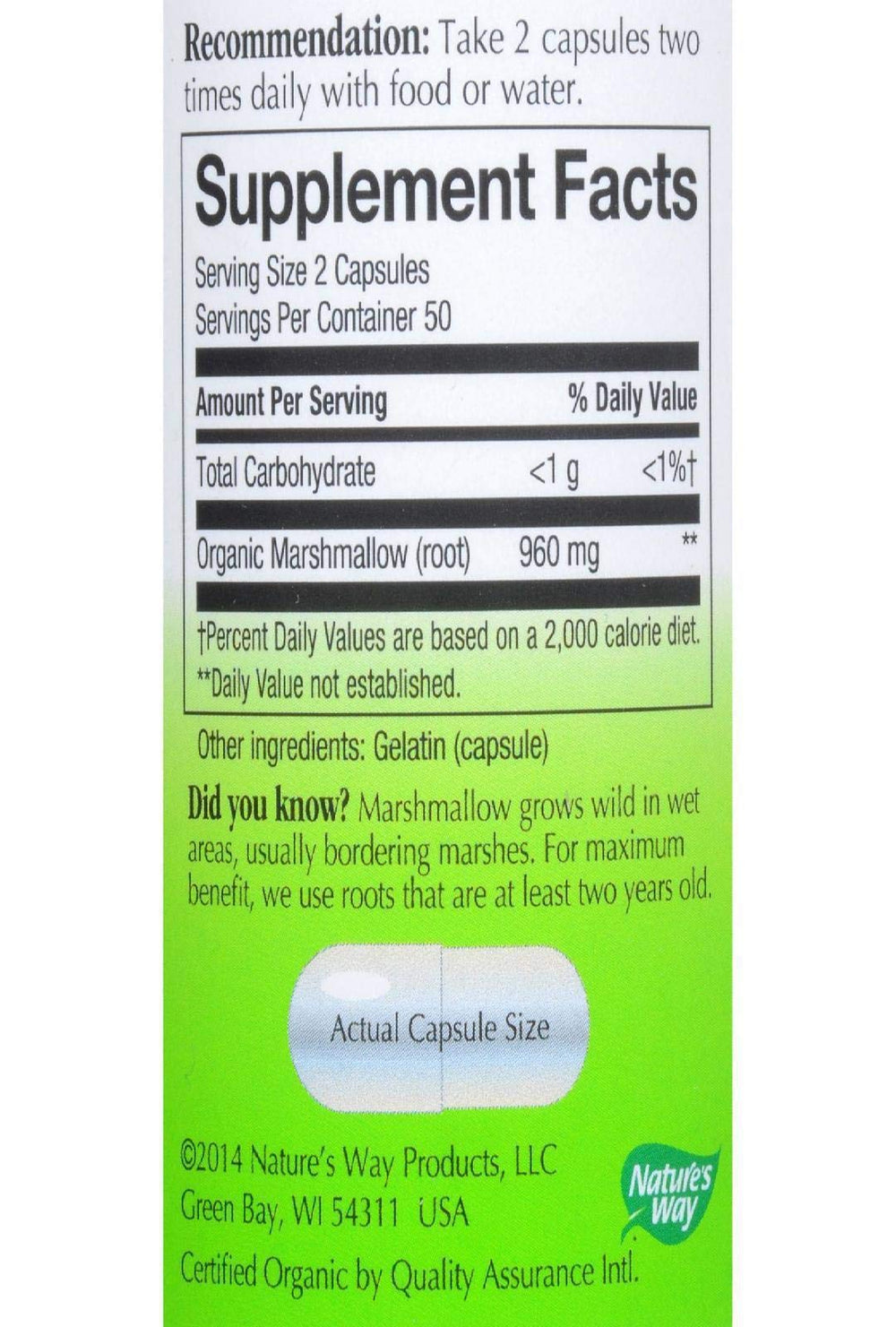 Nature's Way Marshmallow Root packaging shows Oregon Tilth organic processing certification