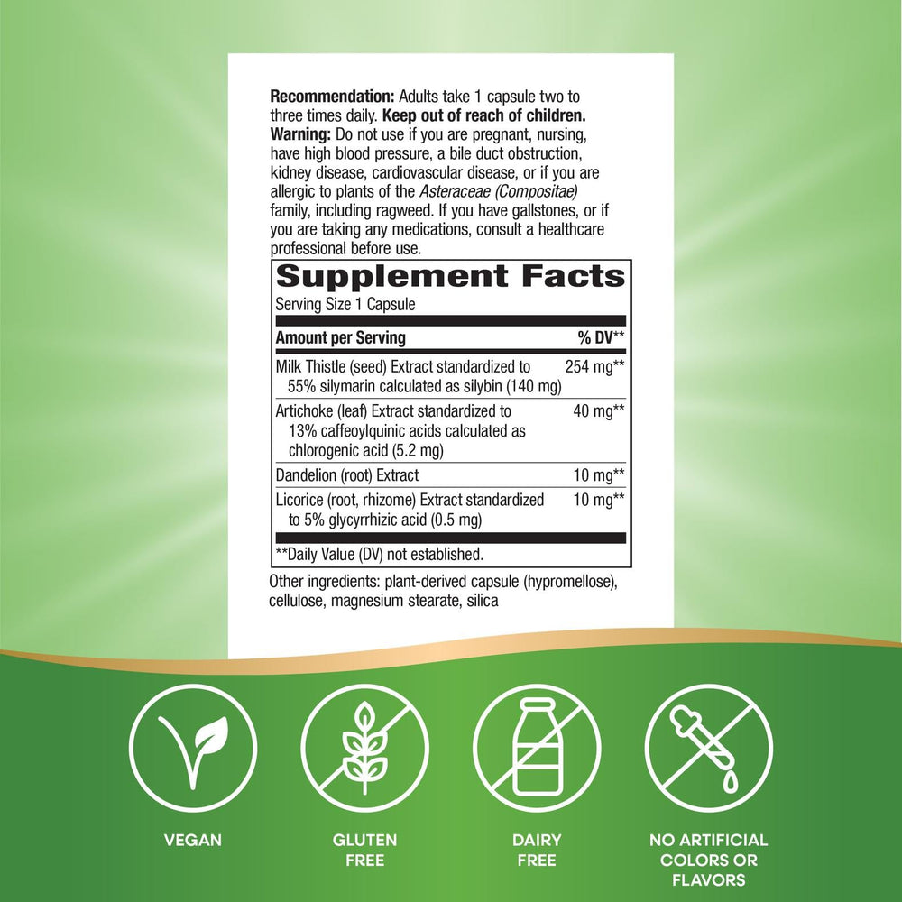 Milk thistle supplement ingredients including artichoke leaf, dandelion root, licorice root