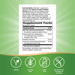 Milk thistle supplement ingredients including artichoke leaf, dandelion root, licorice root