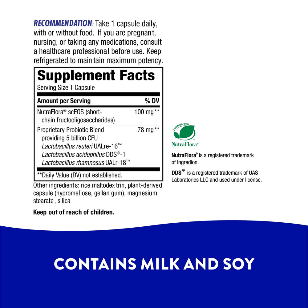 Supports healthy digestive flora with four strains of Lactobacilli and Bifidobacteria