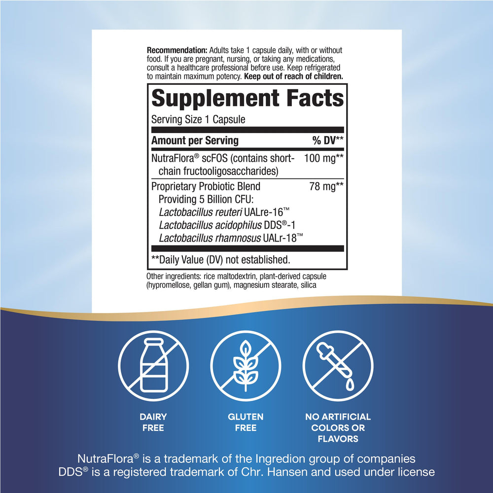 Nature's Way Primadophilus Reuteri label close-up detailing multi-strain gut support.