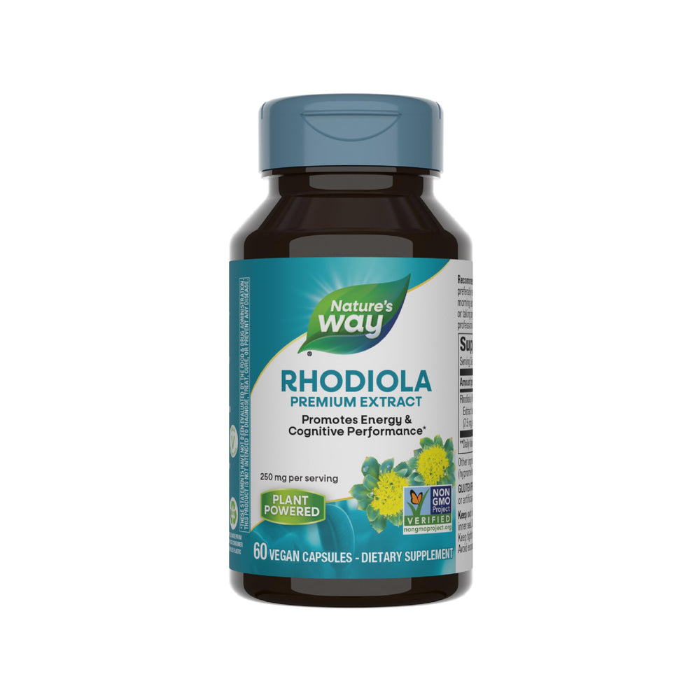 Nature's Way Rhodiola Premium Extract bottle front shows potential energy support.