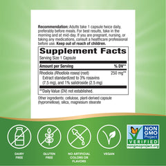 Nature's Way Rhodiola capsules close-up suggests daily adaptogen for focus and stamina.