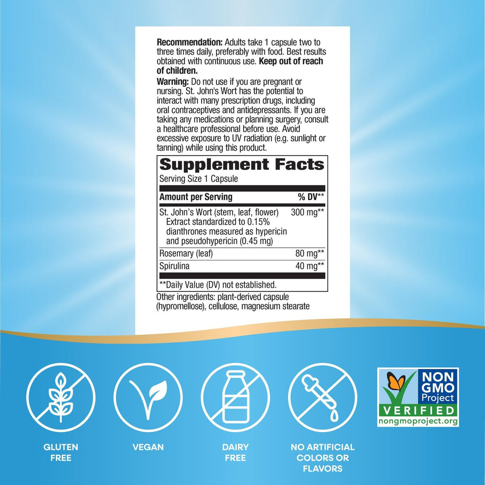 Close-up of St. John's Wort capsules showing 300 mg per serving