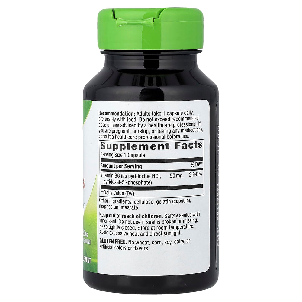 Close-up of Nature's Way Vitamin B6 bottle label showing 50 mg per serving