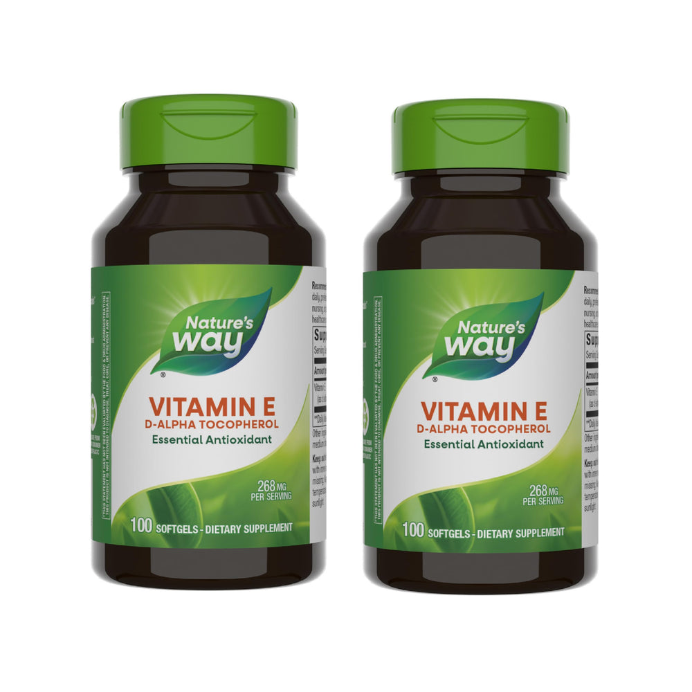Front view of Nature's Way Vitamin E D-Alpha Tocopherol 100 Softgels 2-Pack bottle