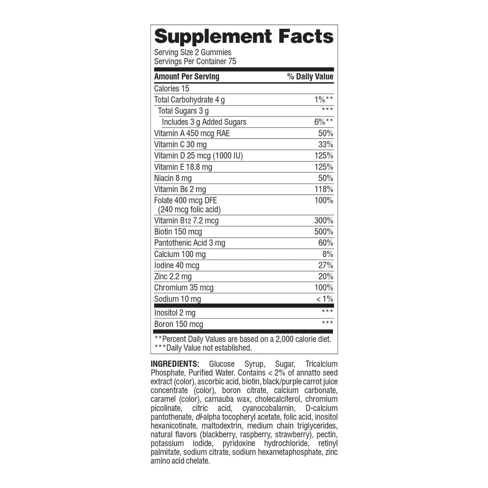Nutrition label showcasing essential vitamins