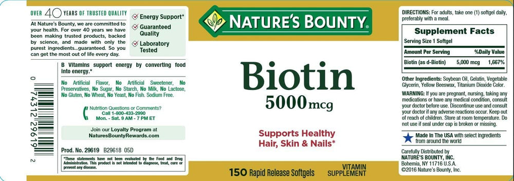 Close-up of Nature's Bounty Biotin 5000 mcg softgel bottle label
