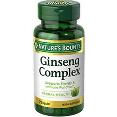 Nature's Bounty Ginseng Complex Capsules bottle label, 75 capsules per bottle, pack of 3