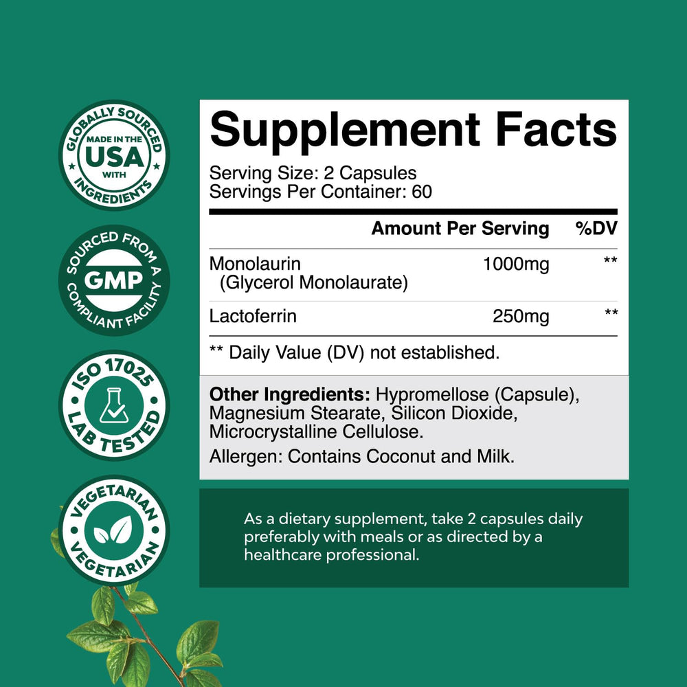 Close-up of label showing 250mg lactoferrin and 1000mg monolaurin