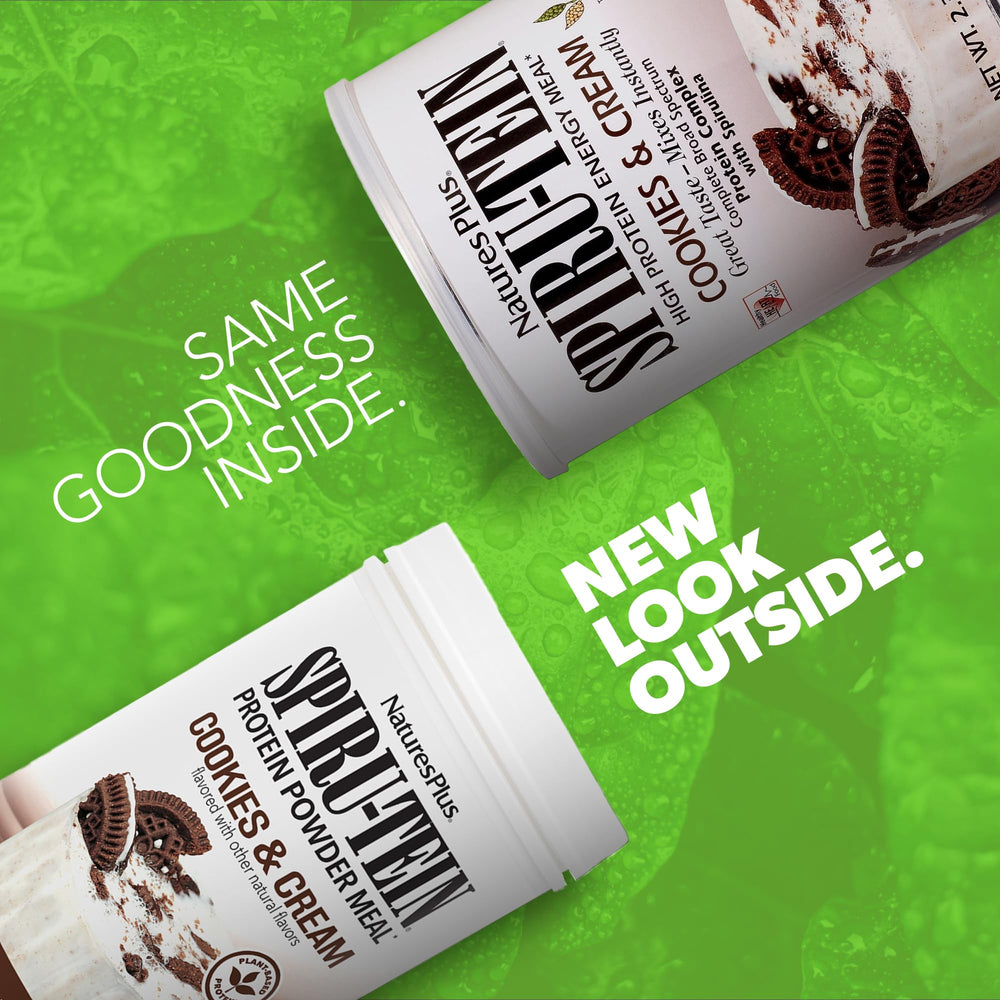 SPIRU-TEIN Cookies & Cream 2.3 lb packaging with serving info