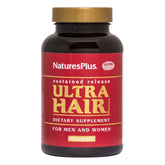 Bottle of Natures Plus Ultra Hair Sustained Release tablets on white background