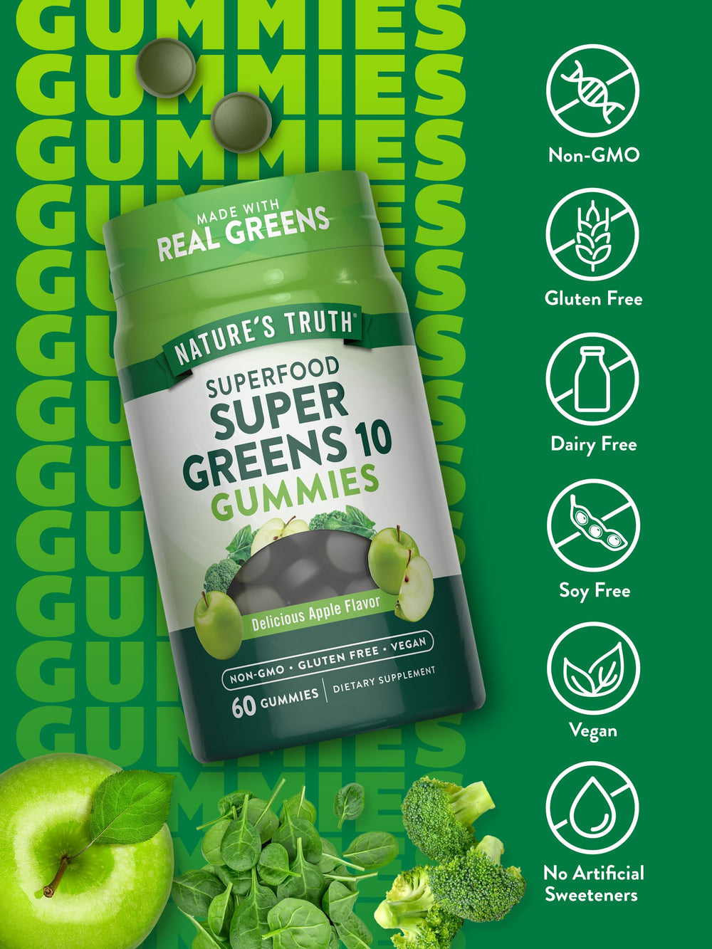Label detail highlighting vegan, non-GMO and gluten-free icons