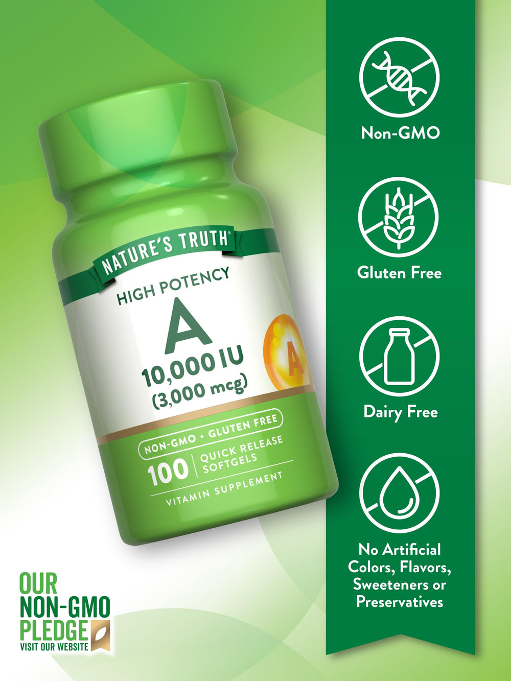 Vitamin A 10000 IU softgels - front view with bottle