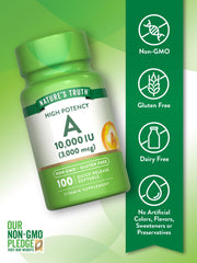 Vitamin A 10000 IU softgels - front view with bottle