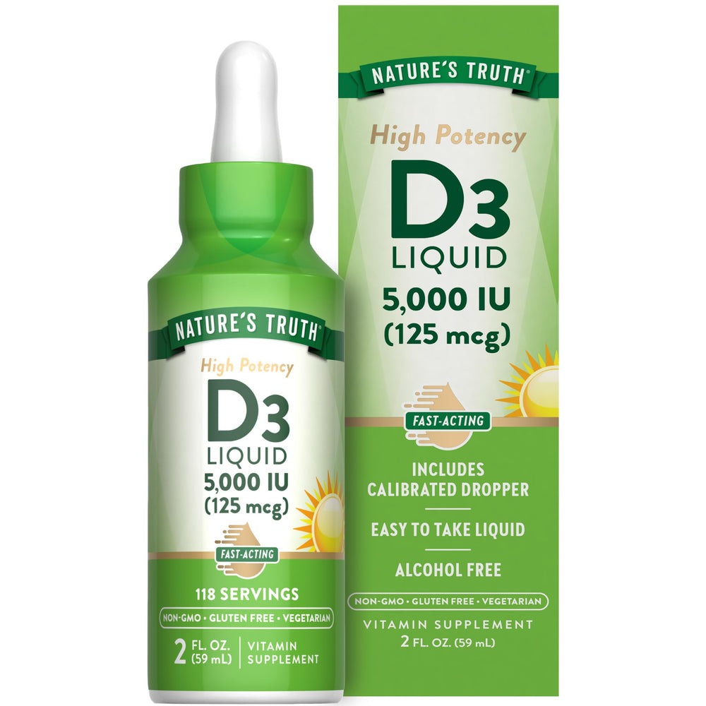 Front view of Nature's Truth Vitamin D3 Liquid bottle 5000 IU, 2 fl oz