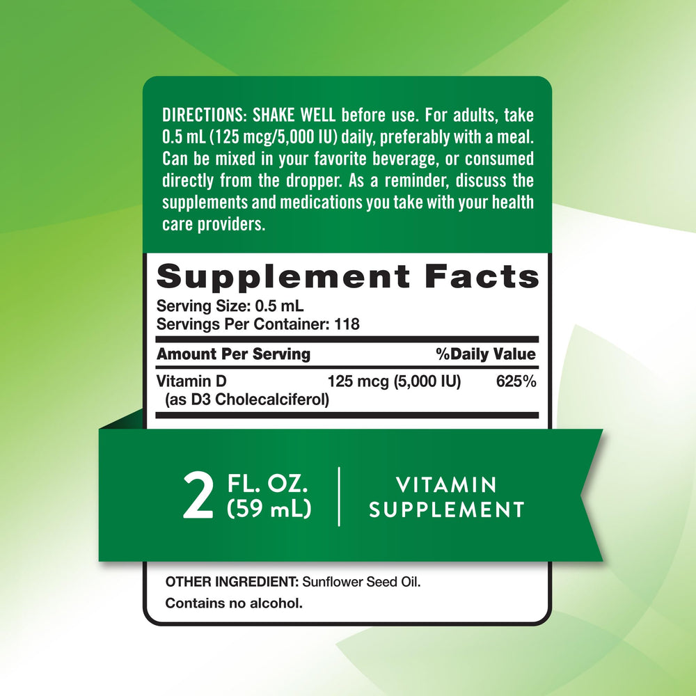 Label displaying Vitamin D3 5000 IU and 2 fl oz packaging