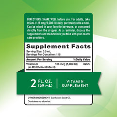 Label displaying Vitamin D3 5000 IU and 2 fl oz packaging
