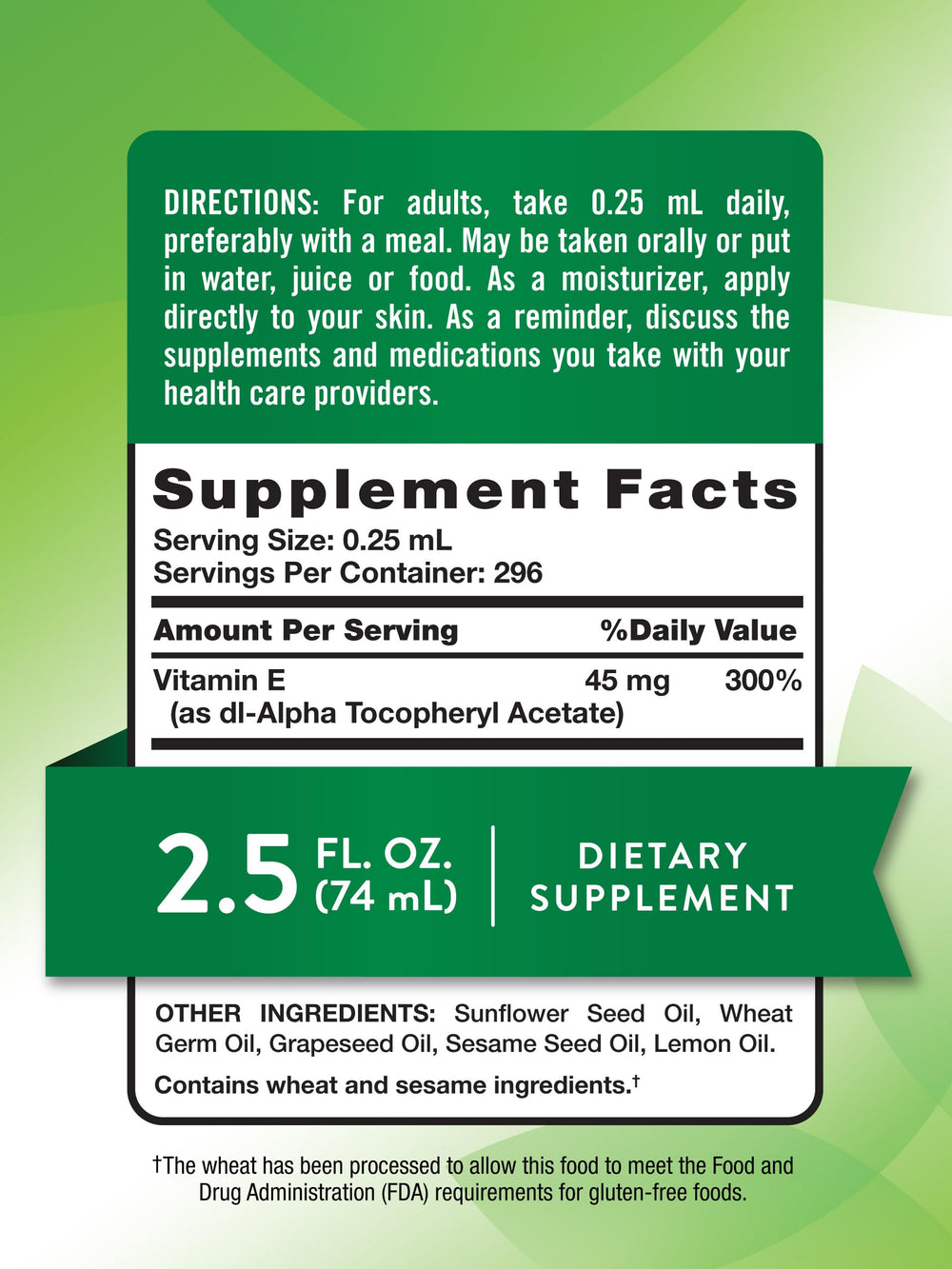 Close-up of bottle label showing 30,000 IU Vitamin E Oil Supplement