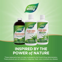 Bottle cap and label close-up of Nature's Way Aloe Vera Leaf Juice with PolyMax+