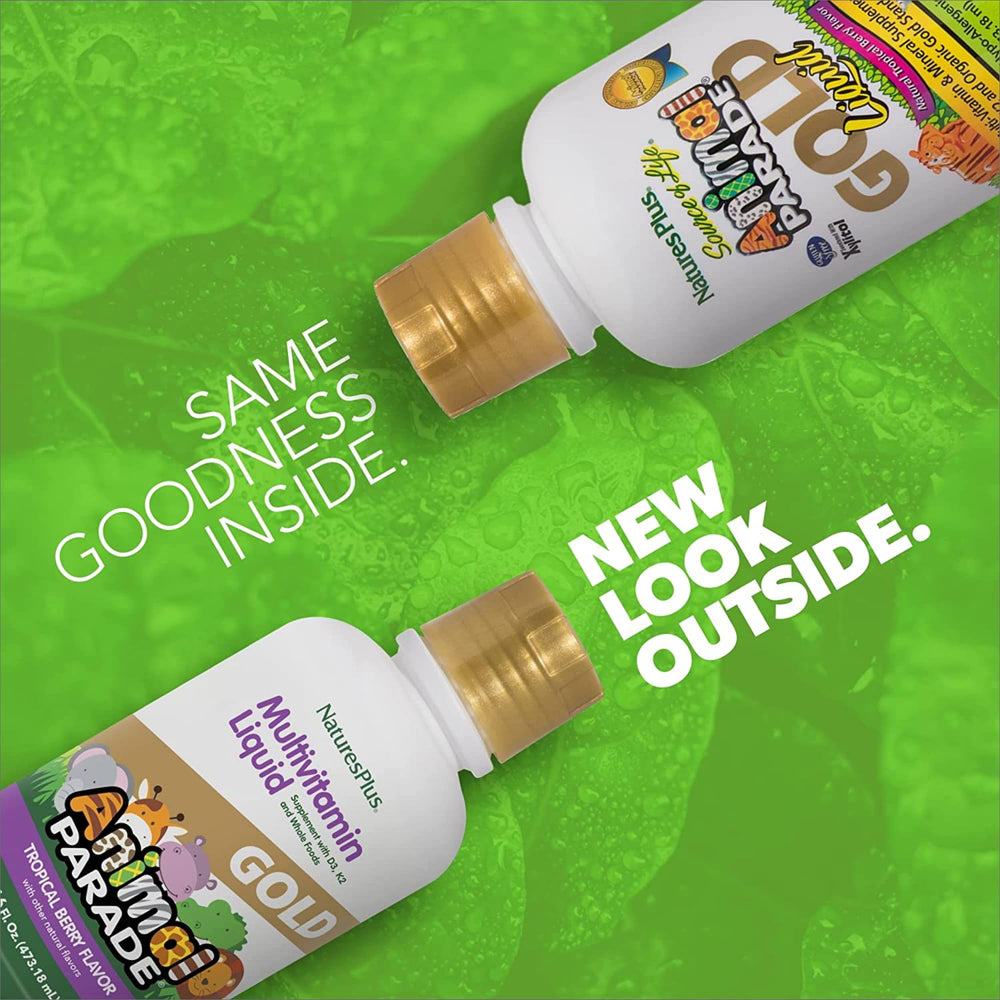 Close-up of two 16oz bottles of NaturesPlus Animal Parade Gold Kids Multivitamin