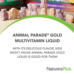 Product label for NaturesPlus Animal Parade Gold Kids Multivitamin 16oz 2-pack