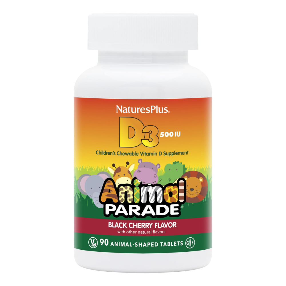 NaturesPlus Animal Parade Vitamin D3 kids chewables in Black Cherry flavor, 90 tablets, pack of 2