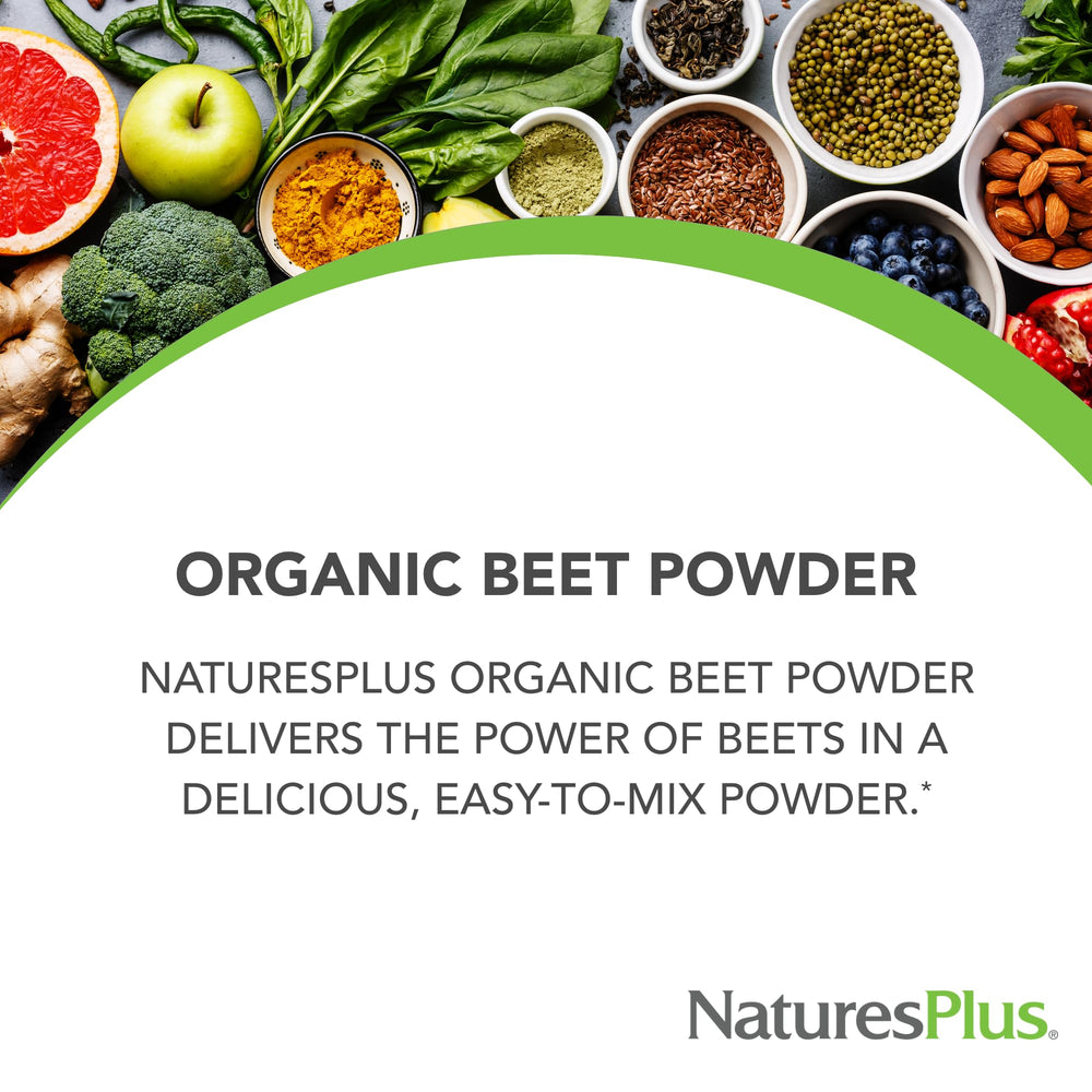 NaturesPlus Beet Powder smoothie-mixer demonstrates easy addition to smoothies for daily wellness.
