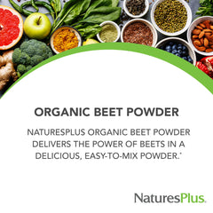 NaturesPlus Beet Powder smoothie-mixer demonstrates easy addition to smoothies for daily wellness.