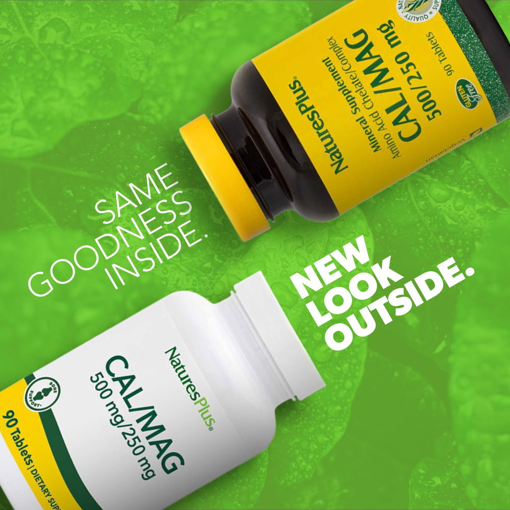 Ingredient panel showing 500 mg calcium and 250 mg magnesium