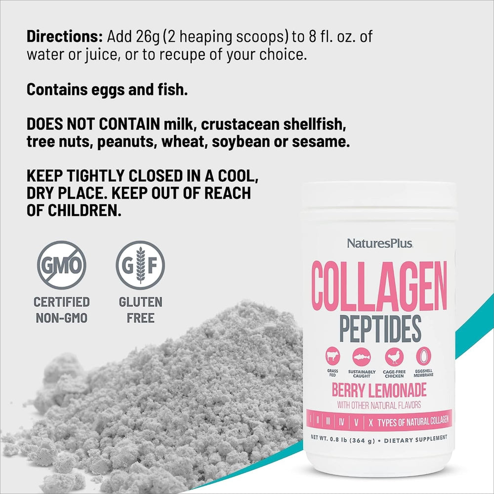 Two 0.8 lb tubs of NaturesPlus Collagen Peptides Berry Lemonade
