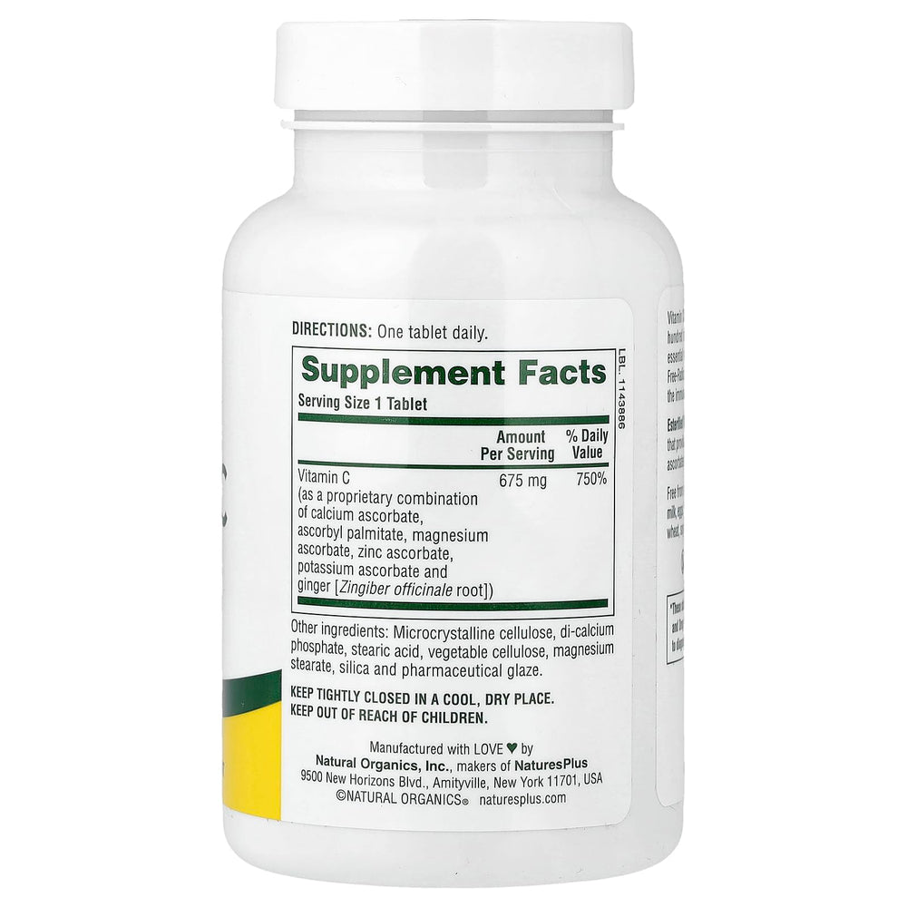 Close-up of NaturesPlus esterified Vitamin C ingredient panel and packaging