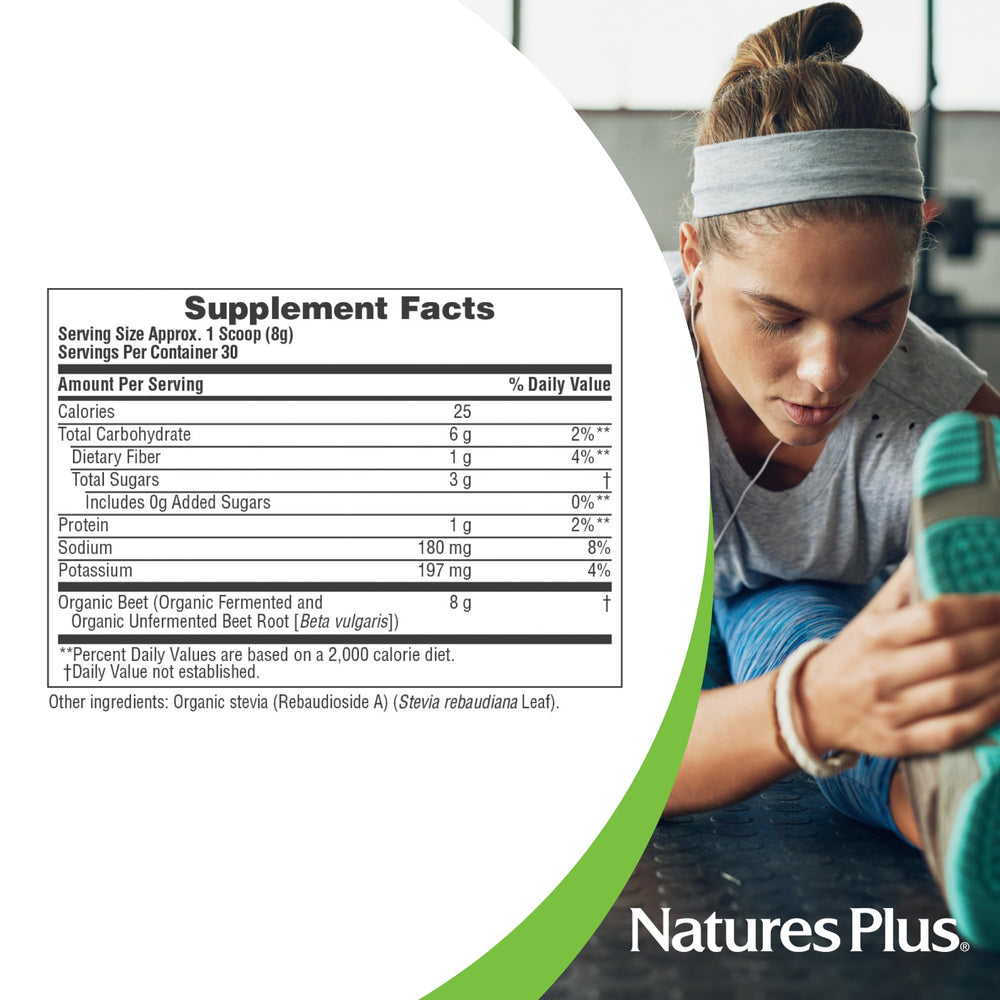NaturesPlus Fermented Beet Powder bottle with spoon ready for quick daily nutrition.