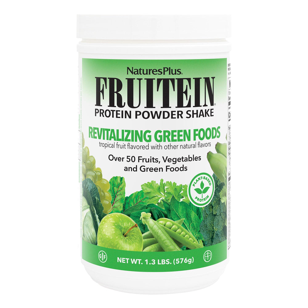 Front view of NaturesPlus FRUITEIN Revitalizing Green Foods Shake bottle, 1.3 lbs